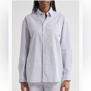 Sporty & Rich SRC Stripe Oversize Cotton Poplin Button-Up in Navy  & White NWOT